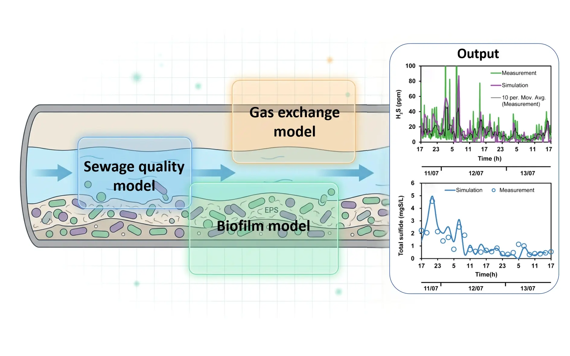 Coupled wastewater quality, dynamic biofilm and gas exchange framework with model outputs.